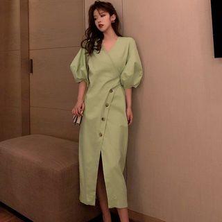 Buttoned V-neck Midi Front Slit Sheath Dress Green - One Size