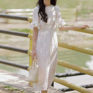 Bell-sleeve Blouse / Floral Midi A-line Overall Dress / Set
