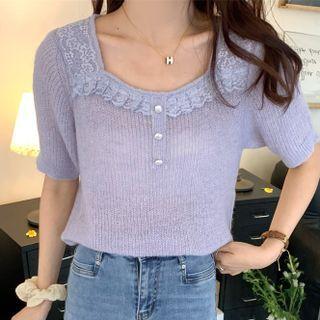 Short-sleeve Square Neck Lace Trim Slim Fit Knit Top