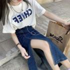 Elbow-sleeve Lettering T-shirt / Slit Denim Midi Skirt / Set