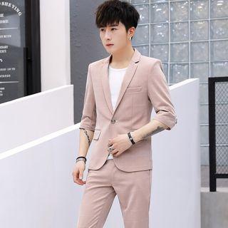 Set: 3/4-sleeve Plaid Blazer + Slim-fit Dress Pants