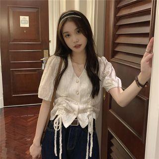 Puff-sleeve V-neck Button-up Drawstring Blouse Almond - One Size