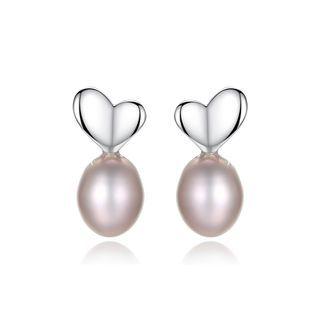 Sterling Silver Simple Fashion Heart-shaped Purple Freshwater Pearl Stud Earrings Silver - One Size