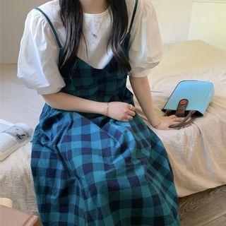 Short-sleeve Plain Blouse / Spaghetti Strap Plaid Midi Dress
