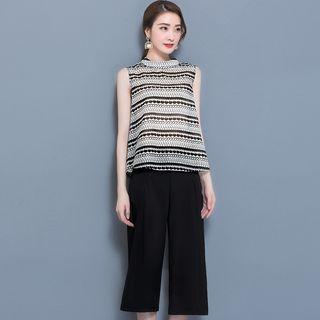 Set: Sleeveless Patterned Top + Cropped Wide Leg Pants