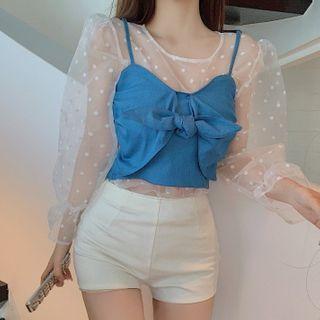 Long-sleeve Dotted Mesh Top / Bow-front Camisole Top