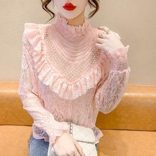 Ruffle Trim Beaded Lace Blouse