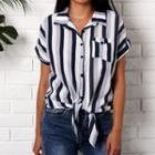 Striped Short-sleeve Blouse As Shown In Figure - One Size