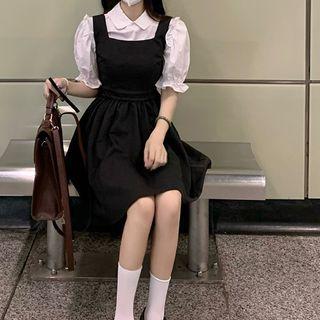 Puff-sleeve Blouse / Bow-back Overall Dress