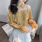 Puff-sleeve Mesh Panel Floral Top