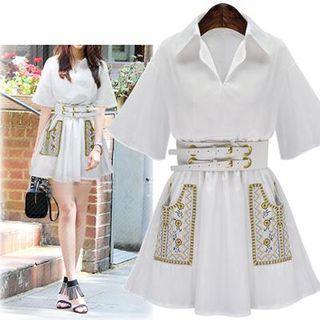 Embroidered Collared Short-sleeve Dress