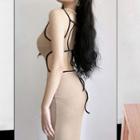 Spaghetti-strap Open-back Slit Midi Sheath Dress