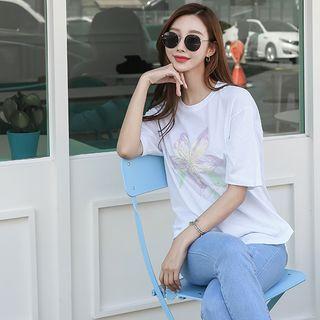 Flower-printed Sequined-trim T-shirt