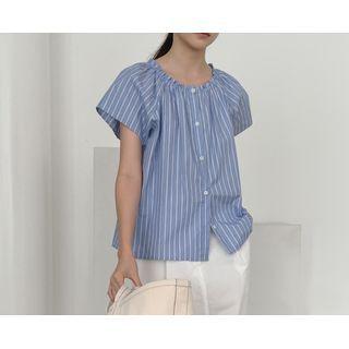 Raglan Frill-neck Stripe Blouse