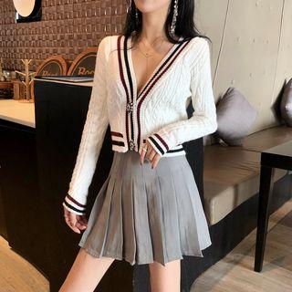 Set: Contrast Trim Cardigan + Pleated Skirt