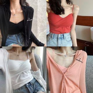 Lettering Loose-fit Cardigan / Plain Slim-fit Camisole Top