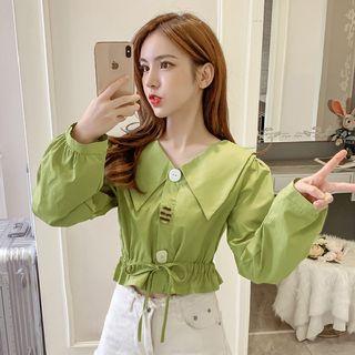 Long-sleeve Tie-waist Ruffled Cropped Blouse