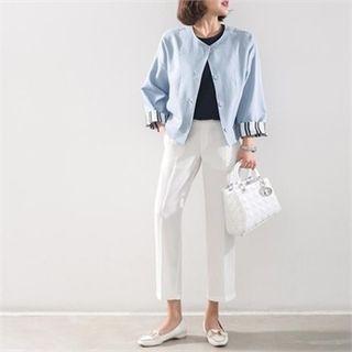 Striped-cuff Collarless Buttoned Jacket