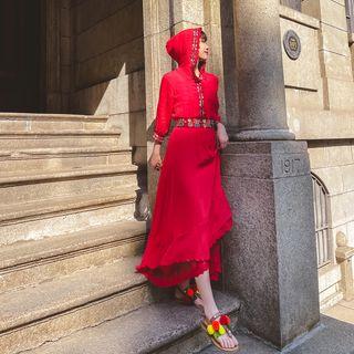 Hooded Embroidered Lace Panel Midi A-line Dress