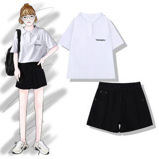 Letter Embroidered Collared Short-sleeve T-shirt / Denim Shorts