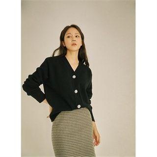 Rhinestone Buttoned Wool Blend Cardigan Black - One Size