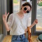 Elbow-sleeve Button-up Lace Blouse