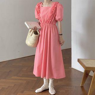 Puff-sleeve Ruffle Trim Plain Dress Pink - One Size