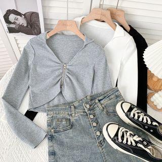 Collared Zipper Crop T-shirt In 7 Colors