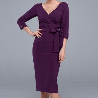 Long-sleeve Tie-waist V-neck Sheath Dress