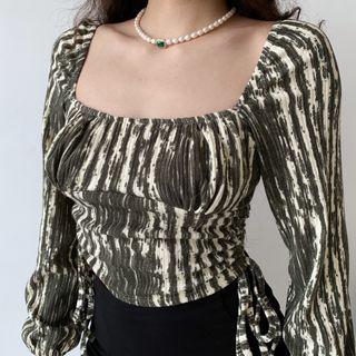 Ruched Tie-dye Lantern-sleeve Top