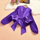 Bow Detail Pleated Long Sleeve V Neck Chiffon Blouse