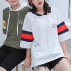 Couple Matching Striped Hooded Elbow-sleeve T-shirt