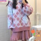 Plaid Sweater / Mini Skirt / Lace Blouse