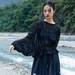 Long-sleeve Ruffle Trim Top Black - One Size