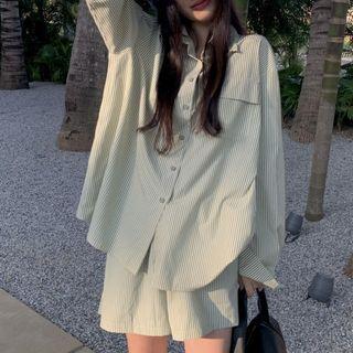 Long-sleeve Pocket-detail Striped Shirt / High-waist Wide-leg Shorts