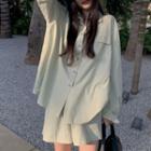 Long-sleeve Pocket-detail Striped Shirt / High-waist Wide-leg Shorts