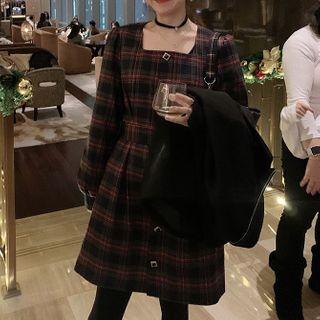 Plaid Buttoned Long-sleeve Mini A-line Dress