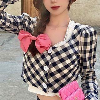 Long-sleeve Check Top / Camisole Top / Slit-hem Wide Leg Pants