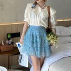2-color Floral High-waist Cake Skirt