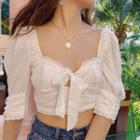 Elbow-sleeve Bow Accent Cropped Top