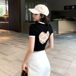 Short-sleeve Open-back Crop Top / Straight-cut Pants