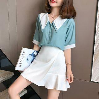 Set: Collared Elbow-sleeve Blouse + Ruffle Hem Mini A-line Skirt