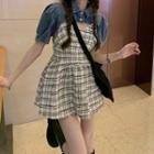 Puff-sleeve Denim Crop Top / Spaghetti Strap Plaid A-line Dress