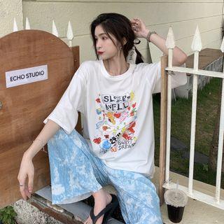 Elbow-sleeve Print T-shirt / Tie-dyed Wide-leg Pants