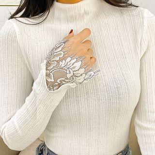 Mock-turtleneck Glitter Lace Trim Long-sleeve Top