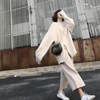 Set: Side-slit Oversize Sweater + Knit Cropped Wide-leg Pants