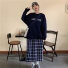 Lettering Print Sweatshirt / Plaid Midi A-line Skirt