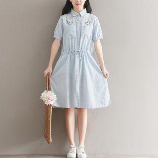 Flower Embroidered Pinstriped Collared Short Sleeve Dress
