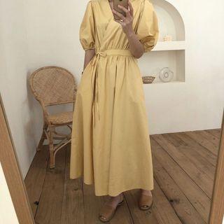 Puff Sleeve V-neck Wrapped A-line Dress