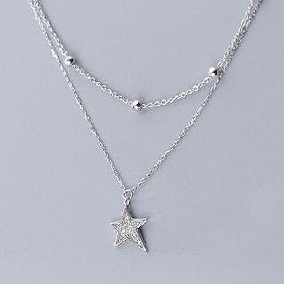 925 Sterling Silver Rhinestone Star Layered Necklace As Shown In Figure - One Size